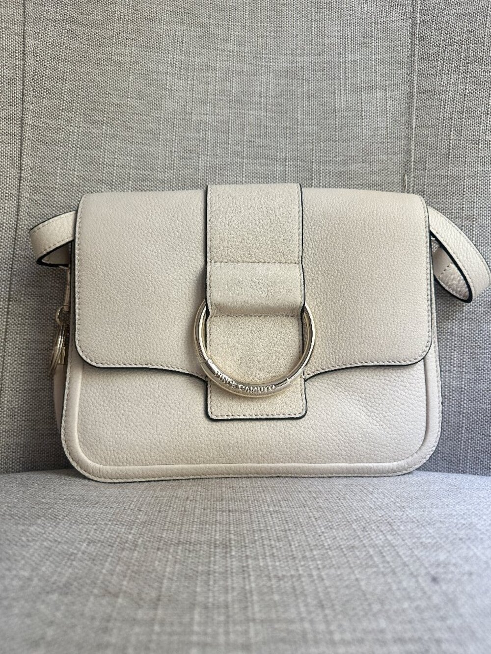 Vince Camuto Pebble Leather Ring Flap Crossbody Cream Ivory Tusk Charm